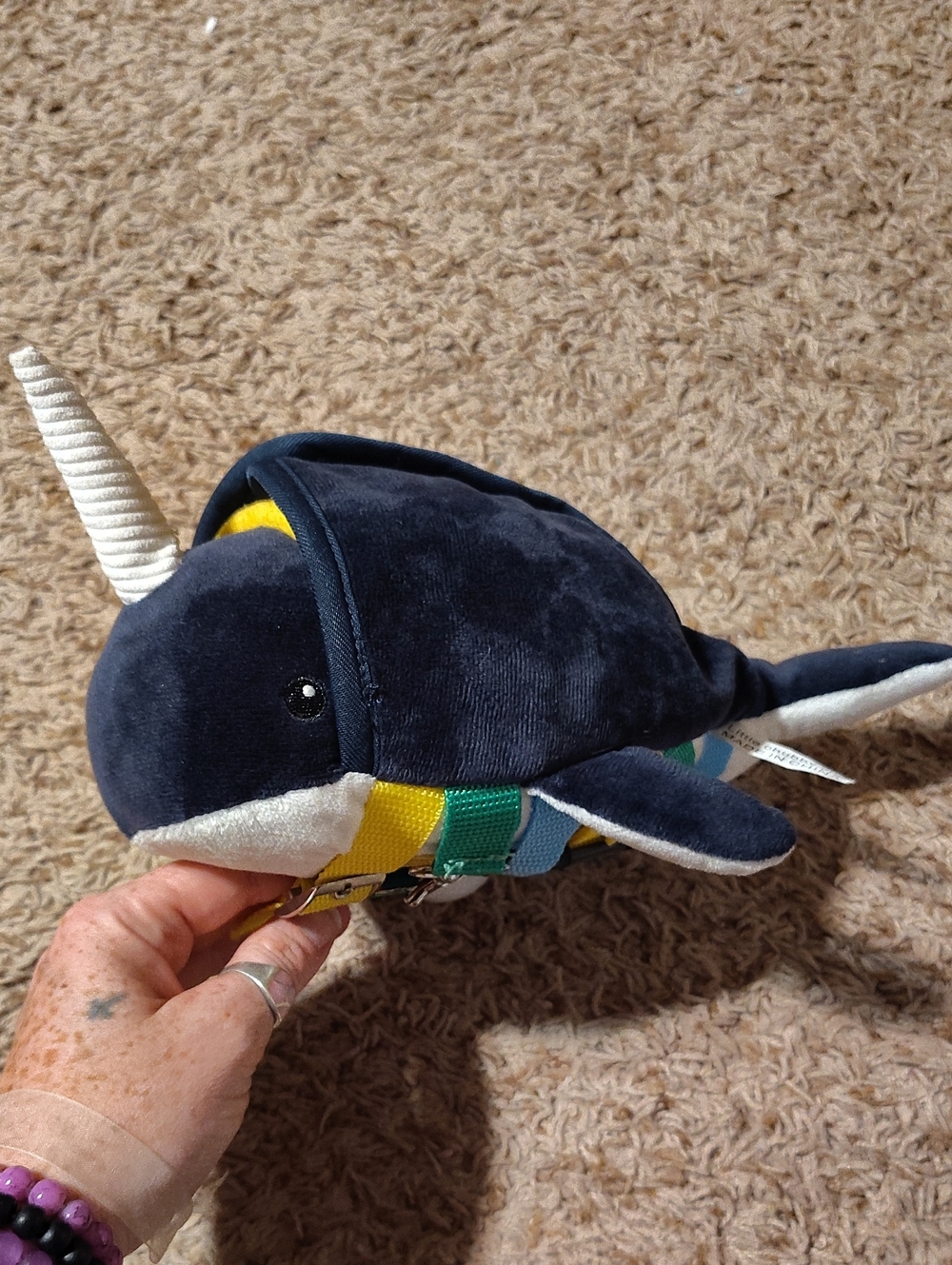 Plush Navy Narwhal Toy with Multicolored Straps - Kids Toy Sensory Toy